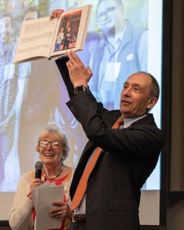 SU Board of Trustee member Brenda Christensen with former Albers Dean Joe Phillips at his farewell celebration