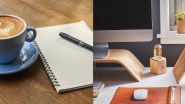 Two adjacent photos - notepad and pen on table on the left, desk with monitor and mouse on desk on the right