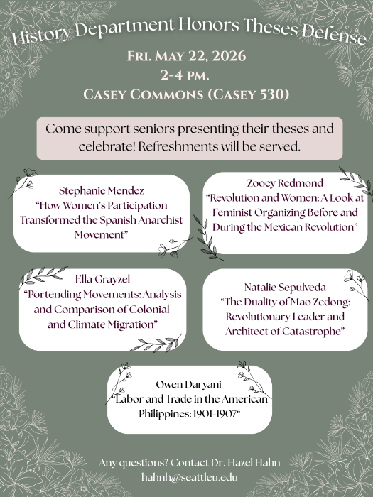 A poster with a green background with flowers. Students names and presentation titles are in white text boxes with floral decorations