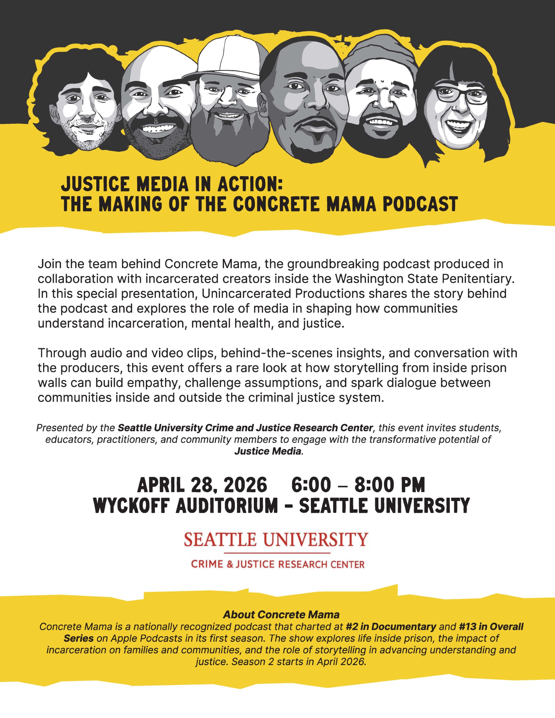 flyer for concrete mama podcast event at Seattle University on April 28 2026 6-8pm