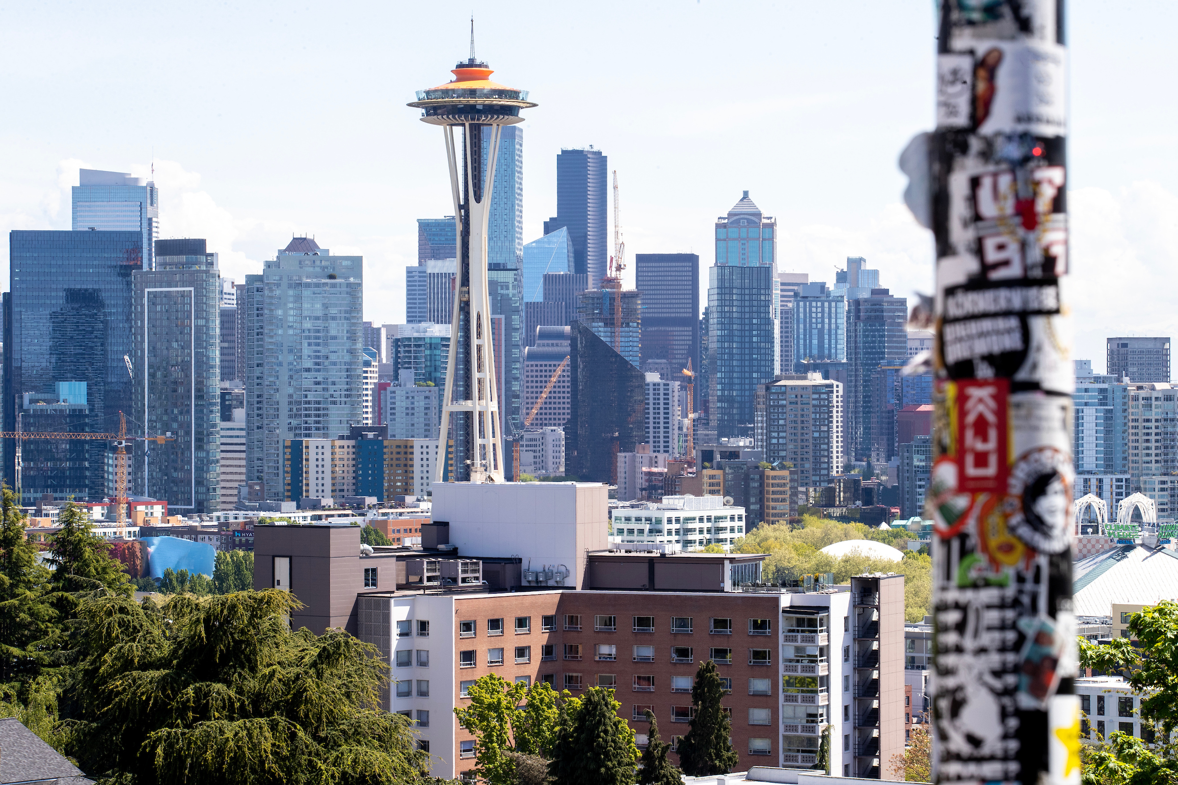 A city skyline with a tall tower.
