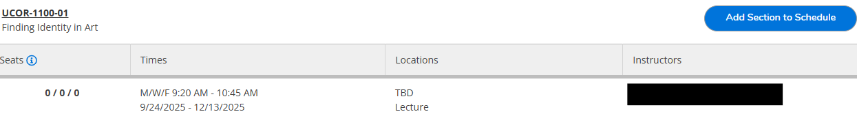 Screenshot of course section on mySeattleU. UCOR 1100 01 hyperlinked with underline.