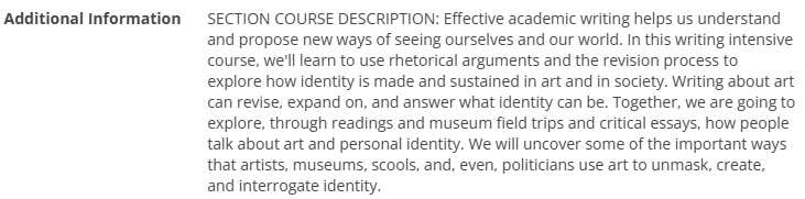 Screenshot of additional information field of course section on mySeattleU. Additional information includes the course section's description.
